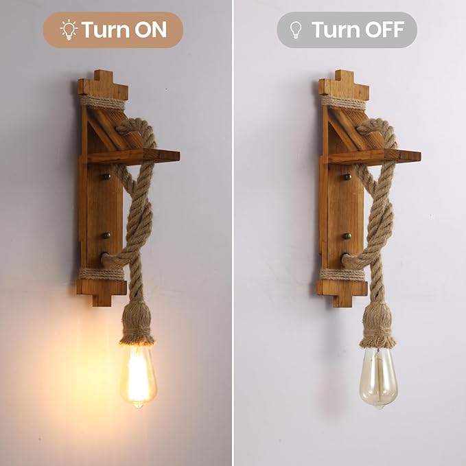 SEEBLEN Wall Sconces Set of Two Farmhouse Wooden Wall Sconce with Natural Hemp Rope,Boho Wall Lamps for Bedroom Beside Living Room Fireplace.