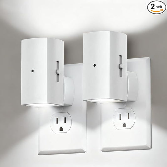 Brightown 2 Pack White Night Lights Plug into Wall, Modern Night Light with Rotating Plug, Dusk to Dawn Sensor, 0-100LM Stepless Dimming Aora Night Light for Hallway Bedroom Bathroom, Pure White