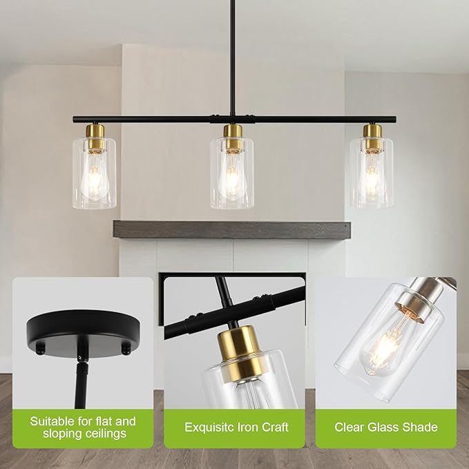 WILON Kitchen Island Lighting, 3 Lights Black Linear Chandeliers Modern Farmhouse Chandelier with Glass Shades for Kitchen Island Living Dining Room Foyer Bedroom (Black Gold, 3 Lights)