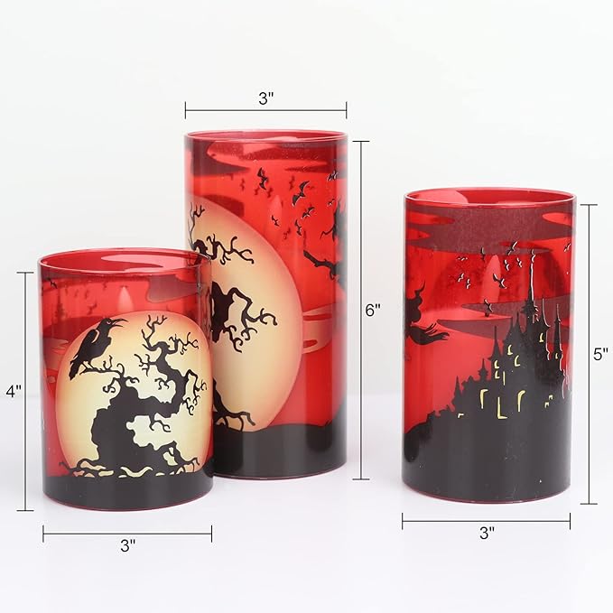 DRomance Witch Glass Flameless Candles with Remote and Timer, Battery Operated Realistic 3D Wick Flickering Real Wax LED Candles Halloween Window Table Holiday Dinner Decor Gifts(3 x 4,5,6 Inches)
