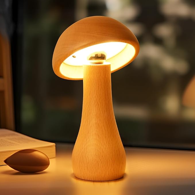 Wooden Mushroom Lamp, Portable Cordless Touch Switch Rechargeable Battery Operated Lamp,Stepless Dimming, 360 Degree Rotation Angle Adjustable，Night Light for Birthday Gifts