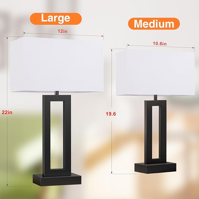 Seealle 22" Tall Living Room Lamps for Night Stands - Touch Bedside Lamp with USB C+A, 3 Way Dimmable Bedroom Lamps for End Tables Set of 2, Modern Night Stand Lamps for Bed Side(White&Black)
