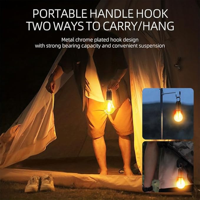 4 Pack Camping Lights Rechargeable, Hanging Tent Lights Bulb with Hook, Timer Function, 3 Lighting Modes Tent Lamp for Camping, Hiking, Backpacking, Emergency Outage (White)