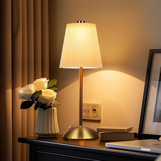FRIDEKO HOME Rechargeable Table Lamp Gold - Cordless Battery Operated Lamp, Fabric Shade Desk Lamp, Wireless Lamp for Decor Bedroom Dining Table Counter (1pcs-Hard Fabric-LED-11.65in)