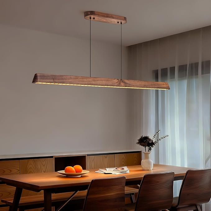 45" Wood Linear Pendant Light, Dimmable Kitchen Island Lighting with Remote, 30W LED Island Lights for Kitchen, Adjustable Linear Chandelier for Dinning Room Light Fixture, Bar, Pool Table - Walnut