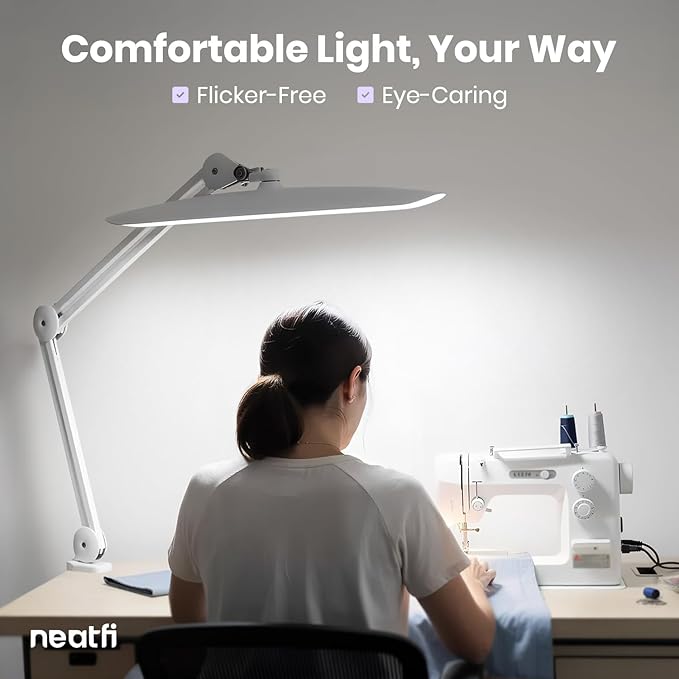Neatfi XL LED Desk Lamp with Clamp, 2200 Lumens, 20W, 20-Inch Wide Head, Dimmable 4 Brightness Levels, 3 Color Modes 3000K–6000K, Task Light for Home Office, Crafts, Workbench (CCT, White)