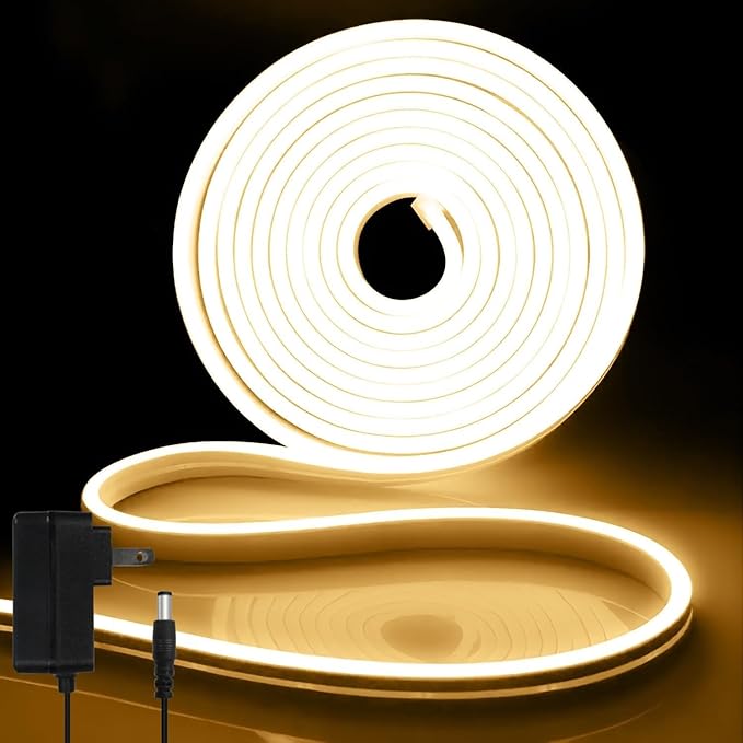 iNextStation 12V Warm White LED Strip Lights 16.4FT, Flexible Silicone Neon Rope Light with Power Adapter, Waterproof, Cuttable, Dimmable & Linkable, LED Lights Strip for Bedroom(with Plug)