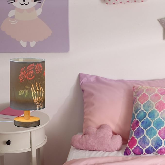 Skeleton Hand Roses Bouquets Romantic Bedside Table Lamps with USB Port for Bedroom Lamp Accent Table Lamp Small Nightstand Lamp Sturdy Linen Shade Wooden Base Decorative Lamps for Kids|Dorm|Home