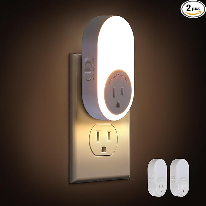 Dawnrise Night Lights Plug Into Wall, Dusk to Dawn Sensor Night Light with Power Outlet, CCT 2200K or 4000K, 5Lm or 20Lm Adjustable Brightness for Bedroom, Kitchen, Living Room, Office, 2PK