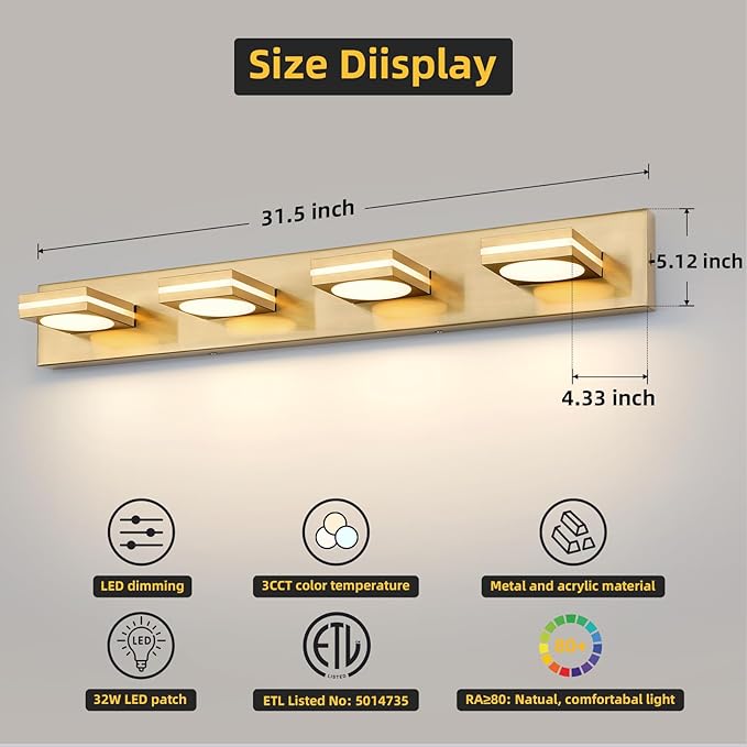OKELI 4-Light LED Bathroom Vanity Light Fixtures, Gold Modern Bathroom Wall Lighting Fixtures Over Mirror (3CCT, 3000K-6000K)