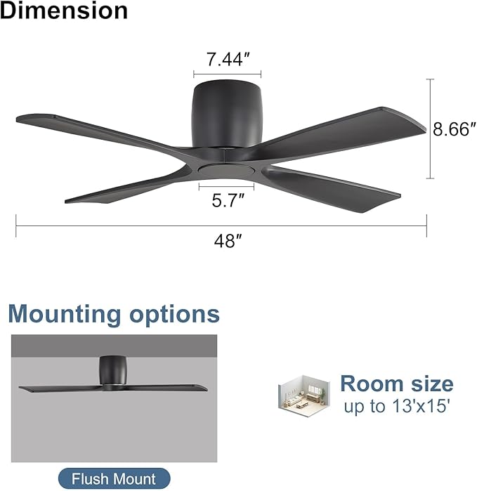 WINGBO Ceiling Fan no Light - 48 inch Solid Wood Flush Mount Ceiling Fan with Remote,4 Reversible Blades, 6-Speed Noiseless Powerful DC Motor, ETL Listed，Black