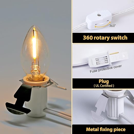 MX232 Set of 2 Accessory Cord with 2 Led Light Bulb 6 Ft White Cord with On/Off Switch Plugs e12 Candelabra LED Light Bulbs and Clips for Halloween Christmas Decorations Craft Village House Decoration
