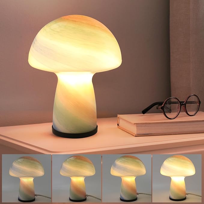 Mushroom lamp,Dimmable Glass Table Lamp,Vintage Style Table Lamp,Rainbow Bedside Desk lamp,Cute Table Lamps.（LED Bulbs Included）