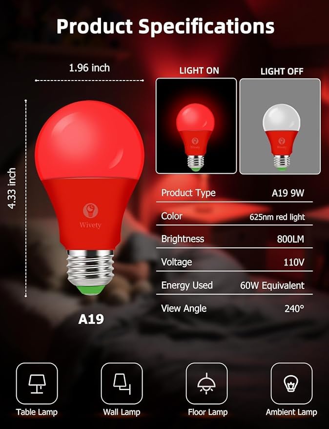 Red Light Bulbs for Sleep with Remote Control, E26 LED Blue Light Blocking A19, 9W for Sleep Therapy, Baby Nursery, Bedroom (4 Packs)