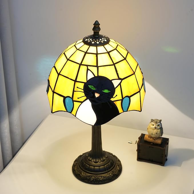 Small Tiffany Lamp Stained Glass Table Lamp Elegant Cute Retro Vintage Style White Black Cat Bedside Night Lamp For Nightstand Bedroom Home Decor Kitchen Counter Antique Living Room Office Fun Lamps