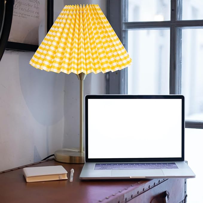NUOBESTY Vintage Pleated Drum Lamp Shade Cover for Bedroom Table and Floor Lamps Yellow Gingham Cloth Fabric Easy Installation Replacement Lampshade for Home Hotel Study Socket Compatible