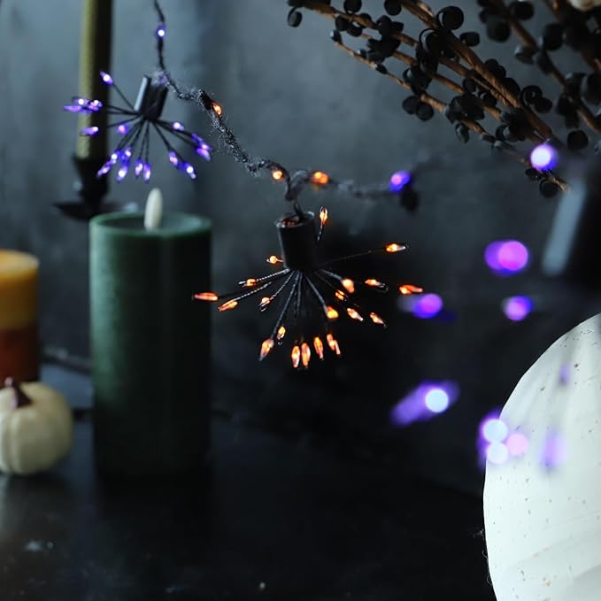 Halloween Lights Indoor Purple and Orange Fairy Lights 10 FT - 200 LEDs - 8 Clusters Fireworks with Remote Ideal Indoor and Outdoor Spooktacular Halloween Decorations