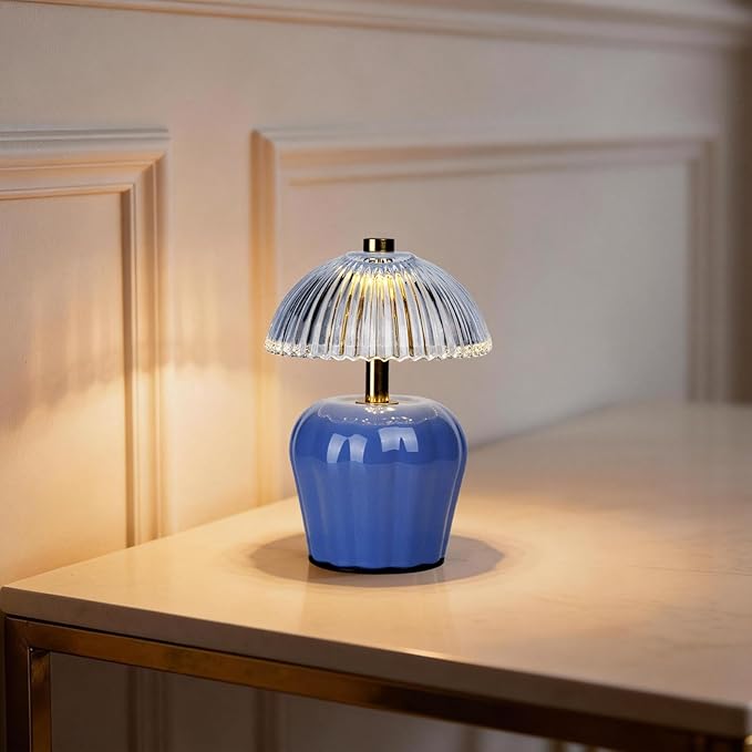 MJ PREMIER Small Cordless Lamp, Battery Operated Lamp with Timer, Mini Crystal Glass Mushroom Lampshade, Cute Small Table Lamps, Decorative Led Light for Bedroom Living Room Shelf (Blue)