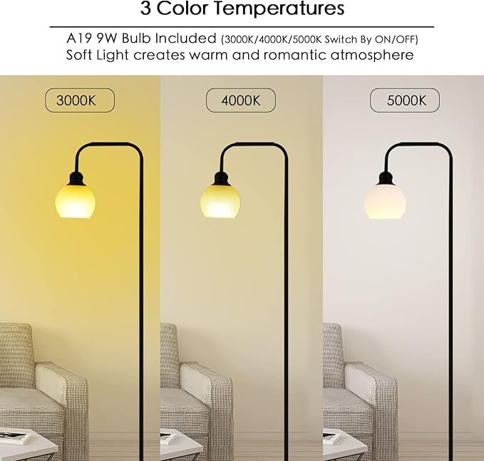 Modern Floor Lamp for Living Room, Black, with 3 Color Temperatures LED Bulb, Industrial Design, 63.2 in H, White Glass Shade, E26 9W A19 LED Bulb Included