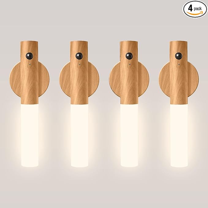 Motion Sensor Night Lights – 4 Pack Rechargeable Magnetic LED Sconces for Bedroom, Hallway & Picture Lighting + 4-in-1 Charging Cable (Oak Yellow)