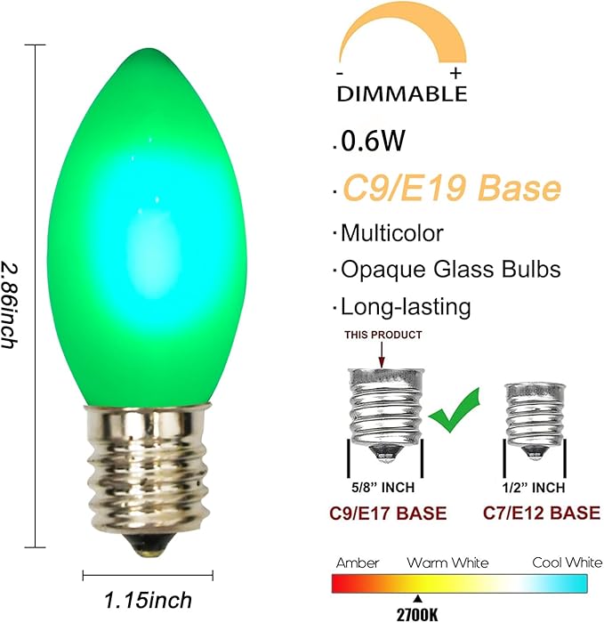 25 Pack C9 LED Green Christmas Light Bulbs, Shatterproof C9 Replacement Bulbs for Outdoor Christmas String Lights, 0.6W LED Night Lights Bulb, E17 Intermediate Base, 2700K Warm White- Green