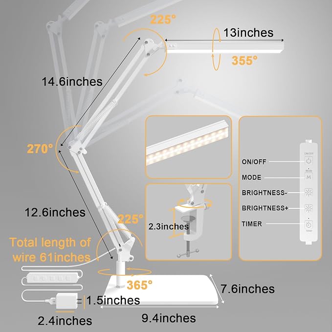 Swing Arm Desk Lamp with Base, 80 LED Beads, 5 Color Modes & 11 Brightness Levels, 360° Adjustable Arm, Eye-Caring Light CRI95, Timer & Memory Function, for Office, Study, Crafting