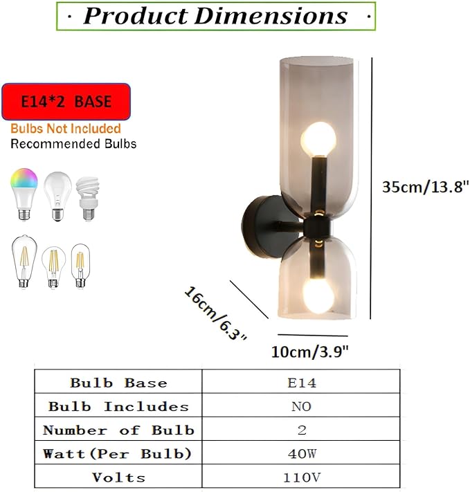 Modern Wall Sconces Set of 2 | Black Metal & Smoke Gray Glass | Bedroom, Living Room & Bathroom