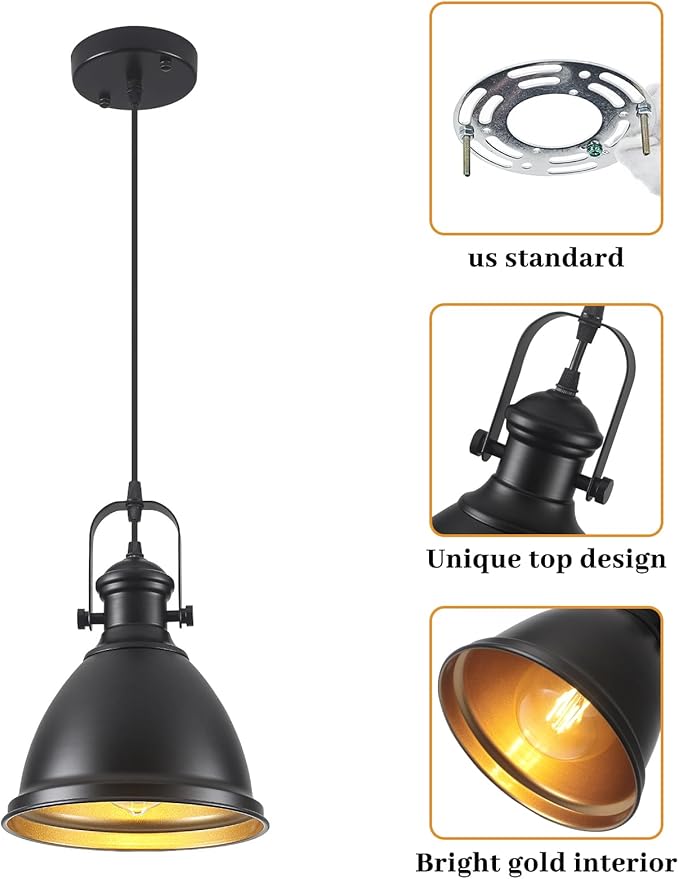 Farmhouse Pendant Lights Kitchen Island, 8.6 inches Matte Black Pendant Light Fixtures, Industrial Kitchen Pendant Lighting, Modern Hanging Light Fixture for Kitchen Sink Dining Room, 2 Pack