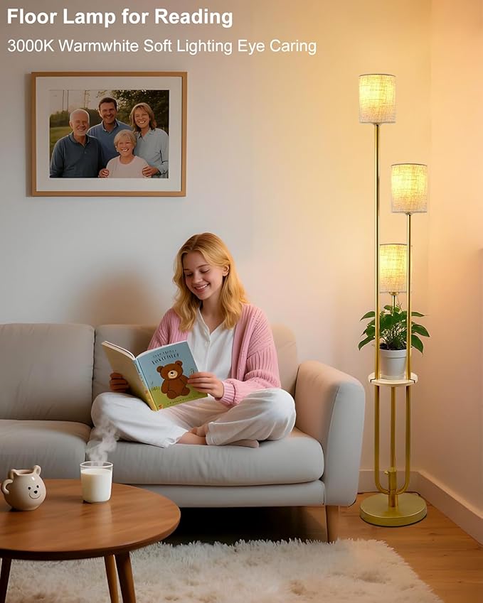 Lightdot Floor Lamp with Table for Living Room Bedroom Dimmable Floor Lamps with Linen Shade Vintage Gold Standing Tall Lamp Candle Holder Style for Bedroom/Sofa Beside/Corner Decor(Bulbs Included