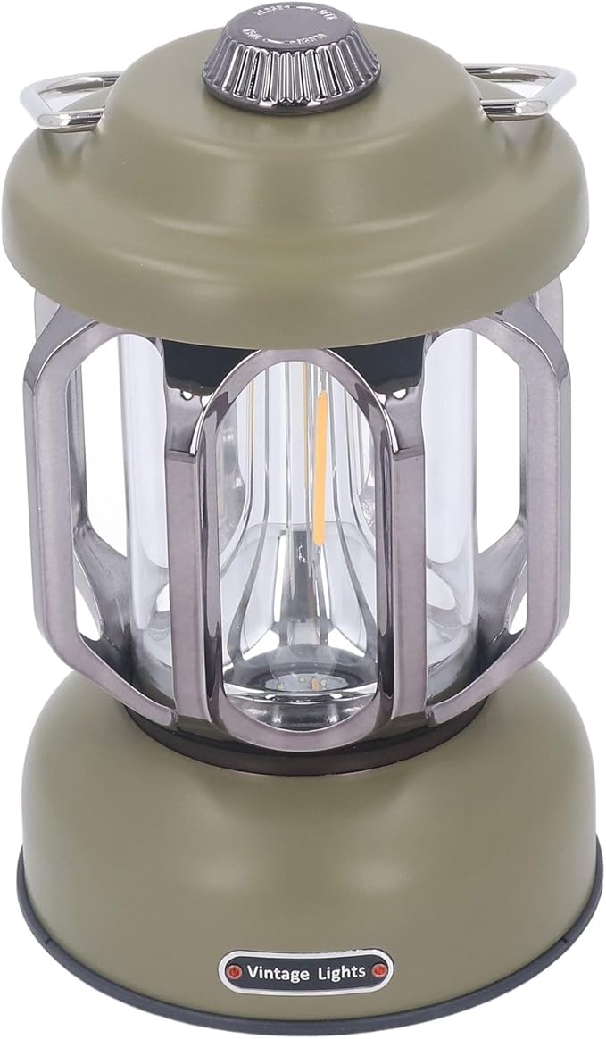 Retro Camping Lantern, Rechargeable LED Tent Lamp with 3 Light Modes, Dimmable Vintage Camping Light with Hook, USB Type C Portable Lantern for Garden Outdoor (Green)
