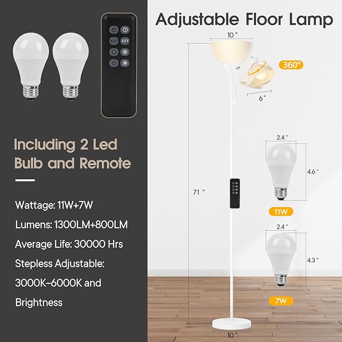 GERGO Led Floor Lamp, Super Bright 11W+7W 2100LM Torchiere Floor Lamps for Living Room, Stepless Adjustable 3000K-6000K Temperatures with Remote Control for Bedroom (White)