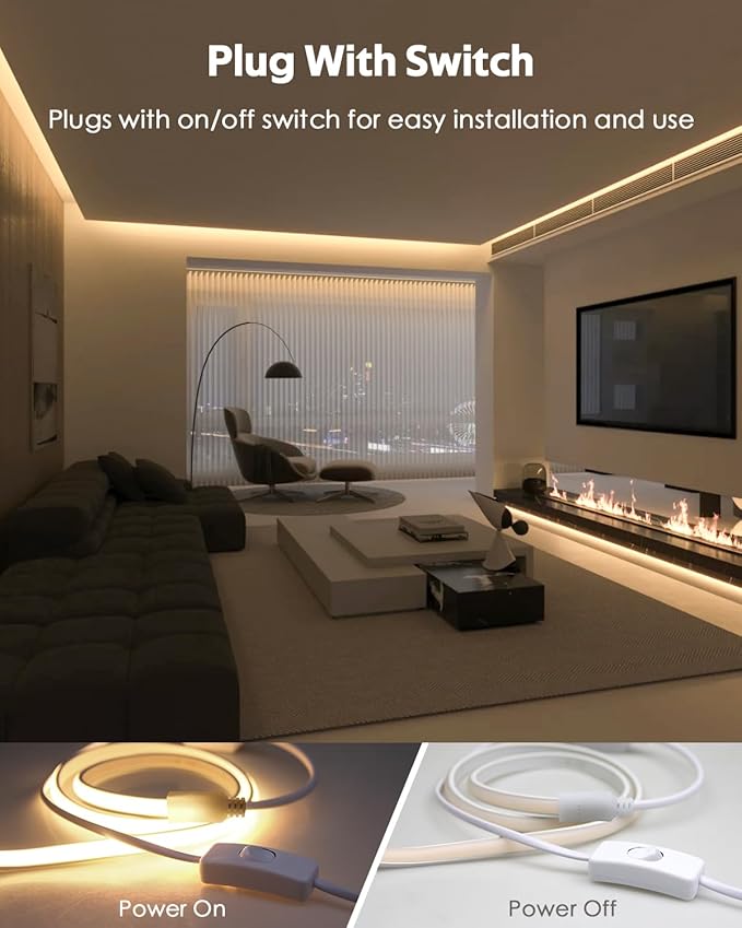 16.4FT COB LED Strip Lights 3000K Warm White Led Rope Lights Outdoor Waterproof with Switch Plug In 288Leds/M High Density AC110V-120V LED Tape Lights for Bedroom Backyards Holiday Decorations