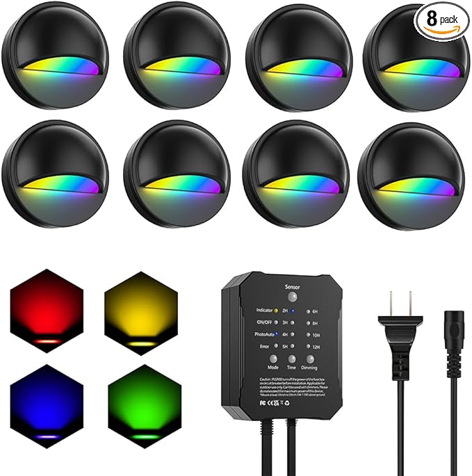 RGBW Low Voltage Deck Lights with Transformer Photocell Sensor Dimmable and Timer IP67 Waterproof Fence Lights for Outdoor Step Stair Patio Landscape Holidays Decoration Lighting (RGBW-8PACKS)