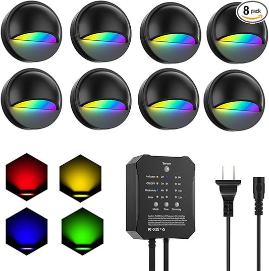 RGBW Low Voltage Deck Lights with Transformer Photocell Sensor Dimmable and Timer IP67 Waterproof Fence Lights for Outdoor Step Stair Patio Landscape Holidays Decoration Lighting (RGBW-8PACKS)