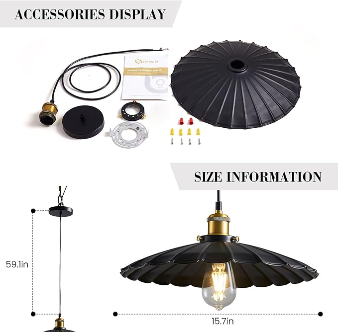 2Pack Hanging Lamp, Metal Pleated Lampshade Pendant Lighting for Kitchen Island Black Pendant Light Fixture 15.7 Inch Hanging Pendant Light 6.5Ft Height Adjustable