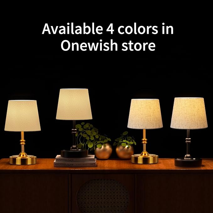 ONEWISH Small Cordless Lamp, Battery Operated Table lamp Dimmable, 4000mAh Rechargeable, Touch Bedside Lamp with Beige Linen Shade, 2700K Bulb Included, for Dining, Patio, Bathroom(Black)