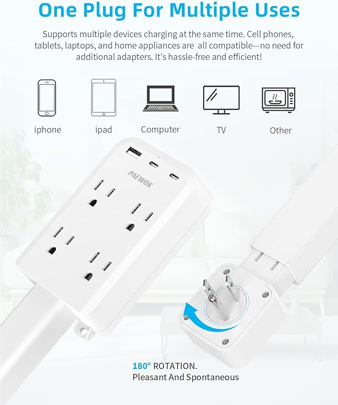 Electrical Outlet Extender Stick with USB Ports(2 USB C), 180° Rotating Extendable Wall Plug with 4 AC Outlet, Adjustable 17.7"-27" Extendable Power Strip Stick for Behind Couch, Desk and Bed