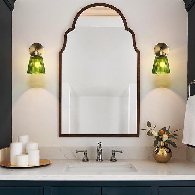 HuisMier Vintage Wall Sconces with Green Stripe Glass Lampshade, Glass Wall Lamp with Switch, Modern 180 Degree Adjustable Brass Wall Sconces for Bathroom Bedroom Living Room Hallway, Hardwired