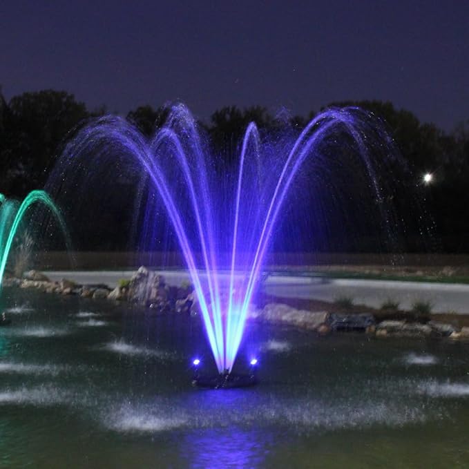 HALF OFF PONDS Floating Fountain, 1/2 HP Pond Aerator, 100 ft Cord, 6,100 GPH Water Pump, 9 Spray Patterns, Color-Changing LED Lights & Control Box, for Ponds & Water Gardens