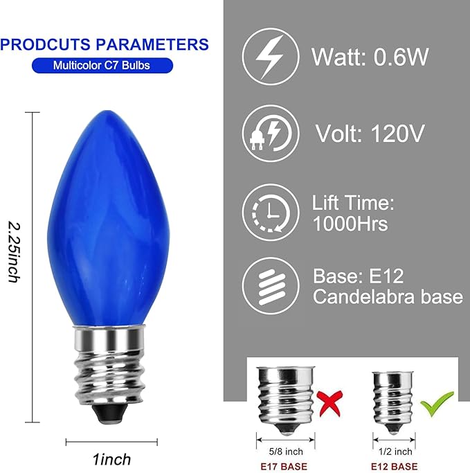 25 Pack C7 LED Blue Replacement Light Bulbs, C7 Vintage Blue Ceramic LED Bulbs for Christmas Outdoor String Lights, E12 Candelabra Base, 0.6 Watt, Saving Energy LED Bulbs