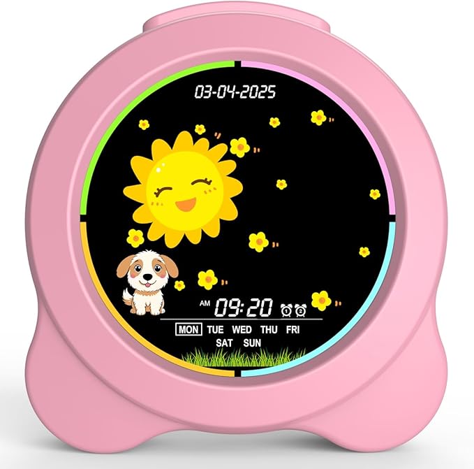 Kids Alarm Clock Sun & Moon LED Display with Day & Date OK to Wake Clock with Night Light for Kids Children's Sleep Trainer Gift for Boy and Girls (Pink)