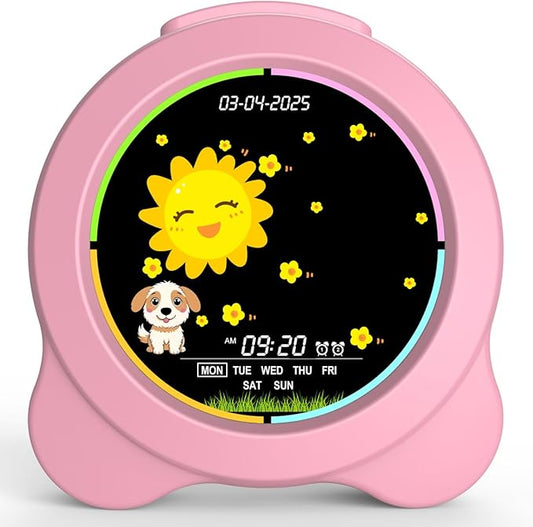 Kids Alarm Clock Sun & Moon LED Display with Day & Date OK to Wake Clock with Night Light for Kids Children's Sleep Trainer Gift for Boy and Girls (Pink)
