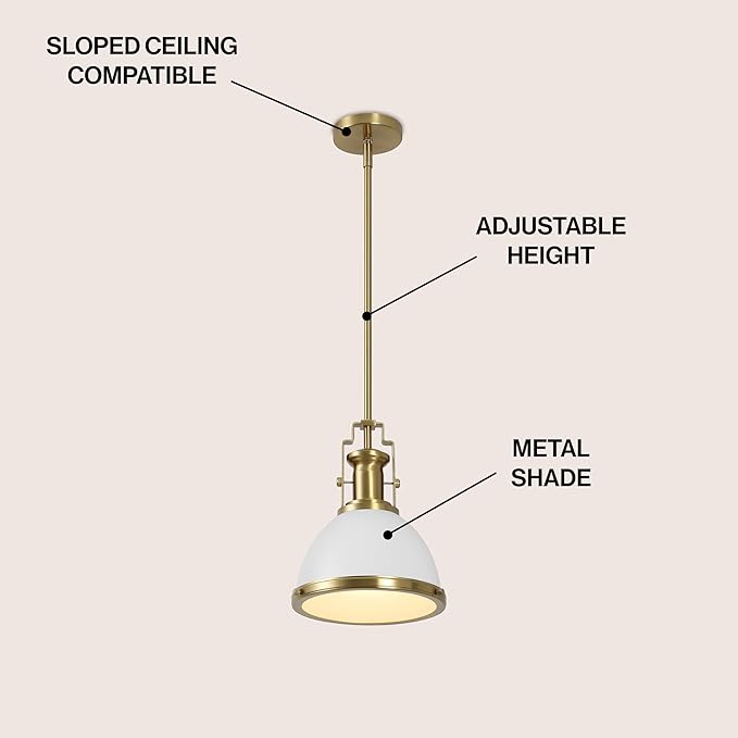 JONATHAN Y 10" Brass Gold/White Modern Industrial Iron LED Dome Pendant Light, Adjustable Hanging Fixture for Kitchen Island or Entryway, Black Metal Shade, LED Bulb Included (JYL9535D)