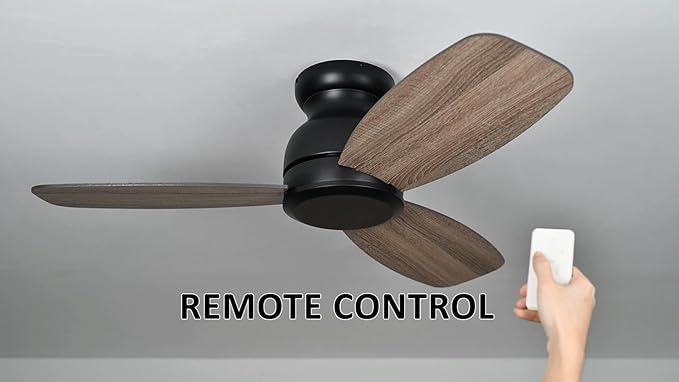 Carro 44 Inch Flush Mount Ceiling Fan without Lights, Black Ceiling Fan with Remote Low Profile, 10-Speed Reversible DC Motor, 3 Dual Finish Blades, Indoor for Bedroom