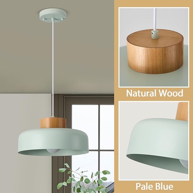 Mid Century Pendant Lights,12.6 inch,Natural Wood Cap,Modern Pendant Light Fixture for Kitchen, Dining Table, Light Blue