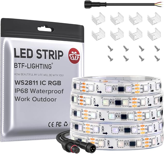 BTF-LIGHTING IP68 Waterproof Outdoor WS2811 RGB IC LED Strip Addressable Dream Color Flexible 5050SMD Light DC12V 16.4ft 60LEDs/m 20Pixels/m Can Work Outdoor White PCB(No Adapter or Controller)