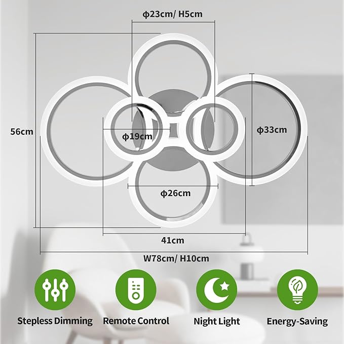 Modern LED Ceiling Light Fixture, 6 Rings Dimmable Flush Mount Ceiling Light with Remote, Acrylic Close to Ceiling Lighting Fixture for Low Ceiling Living Room Bedroom Kitchen (6 Heads)