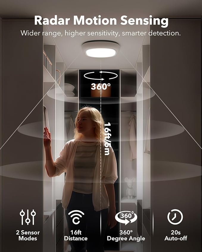 Rechargeable IP54 Waterproof Shower Light Indoor, 12000mAh Motion Sensor Wireless RGB Ceiling Light with Remote No Wiring, Battery Operated Closet Lights Cordless LED Overhead Lighting for Bathroom