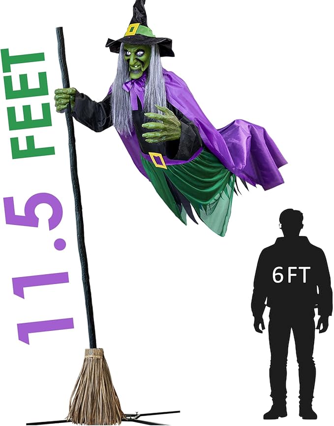 ORIENTAL CHERRY Halloween Outdoor & Indoor Decorations - 11.5 Ft Purple Green Animated Hovering Witch Animatronics, Sound & Touch Activated Sensor - Scary Props House Decor for Garden Yard Lawn