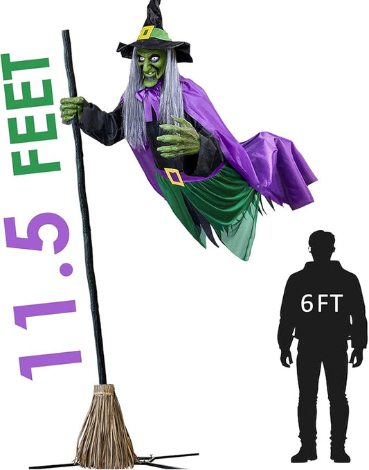 ORIENTAL CHERRY Halloween Outdoor & Indoor Decorations - 11.5 Ft Purple Green Animated Hovering Witch Animatronics, Sound & Touch Activated Sensor - Scary Props House Decor for Garden Yard Lawn